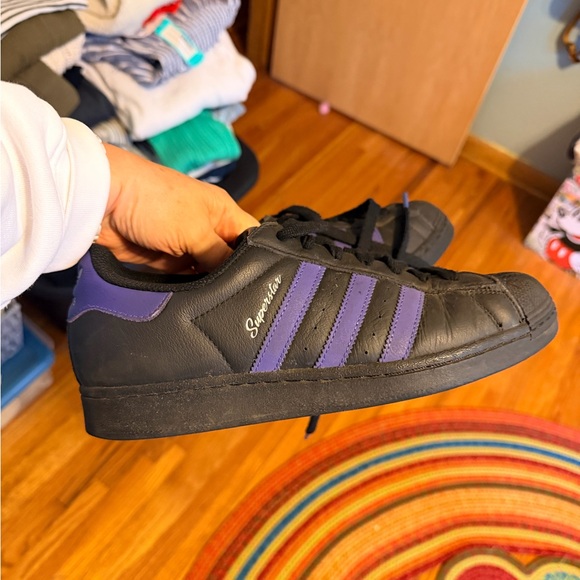 adidas Shoes - adidas Black Leather Sneakers with Purple Stripes